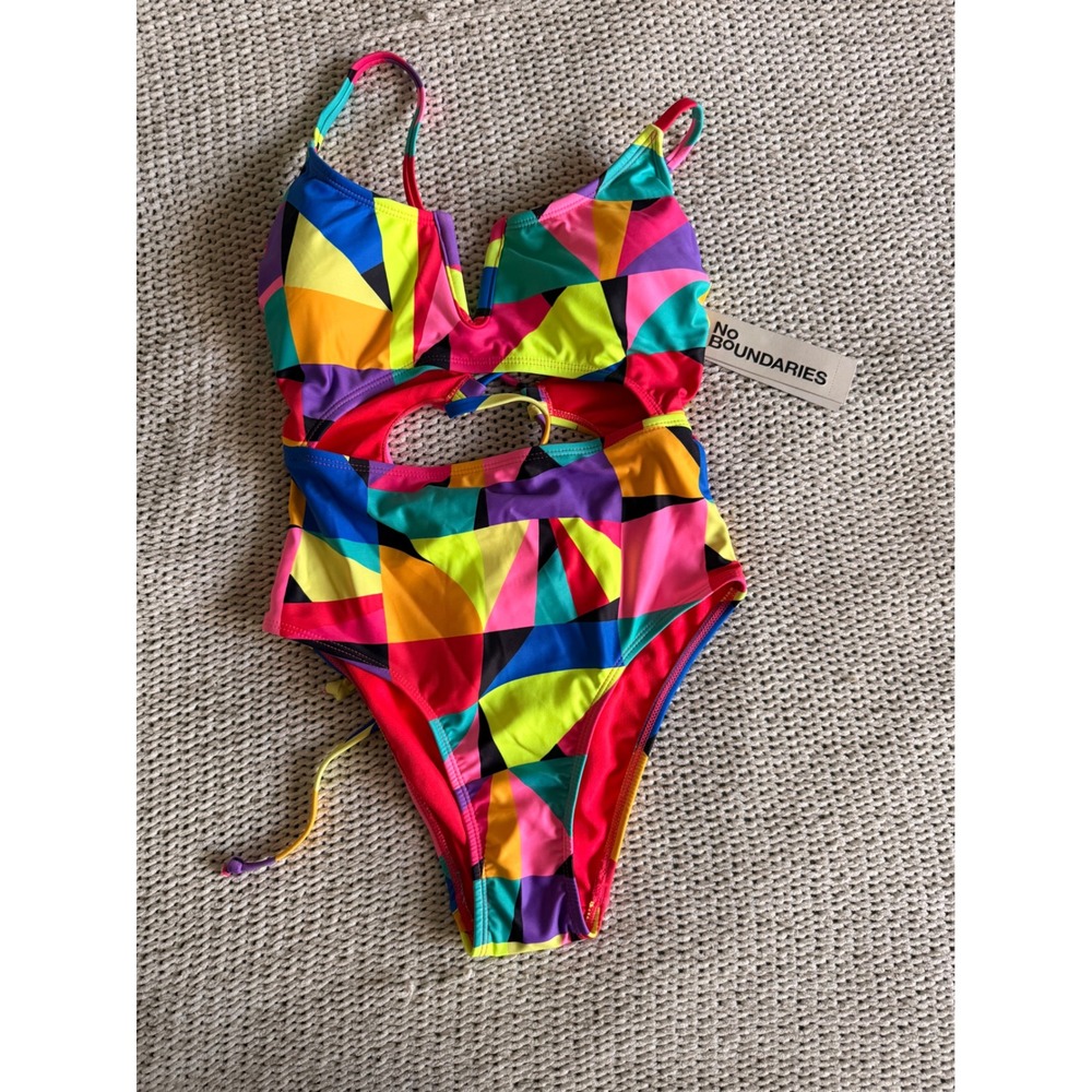 No Boundaries Geometric Neon Cutout One Piece Swimsuit Cheeky High Leg XXS 00